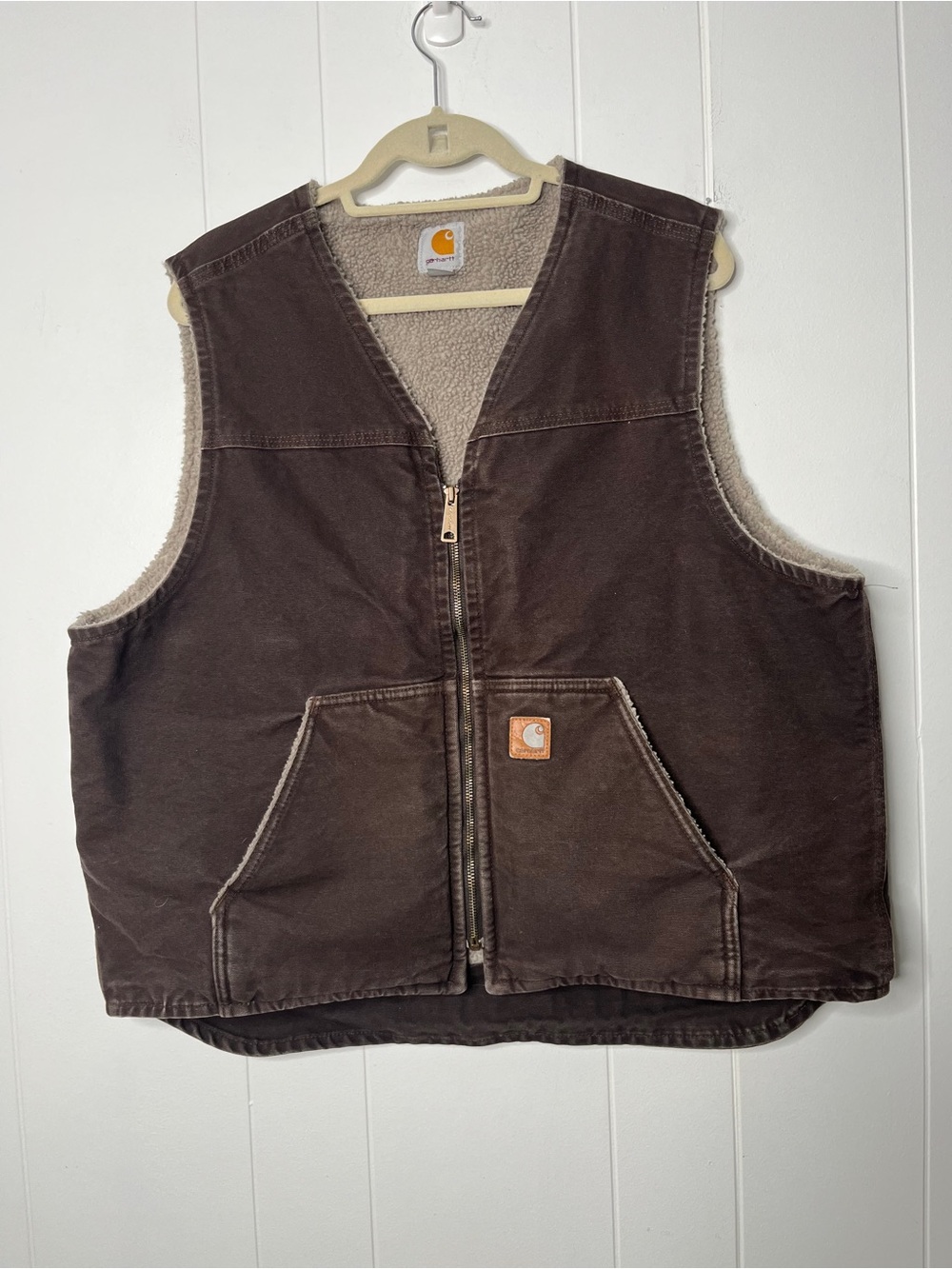 Carhartt Brown Cotton Canvas Sherpa-Lined Vest Zip Front V-Neck Men's XL